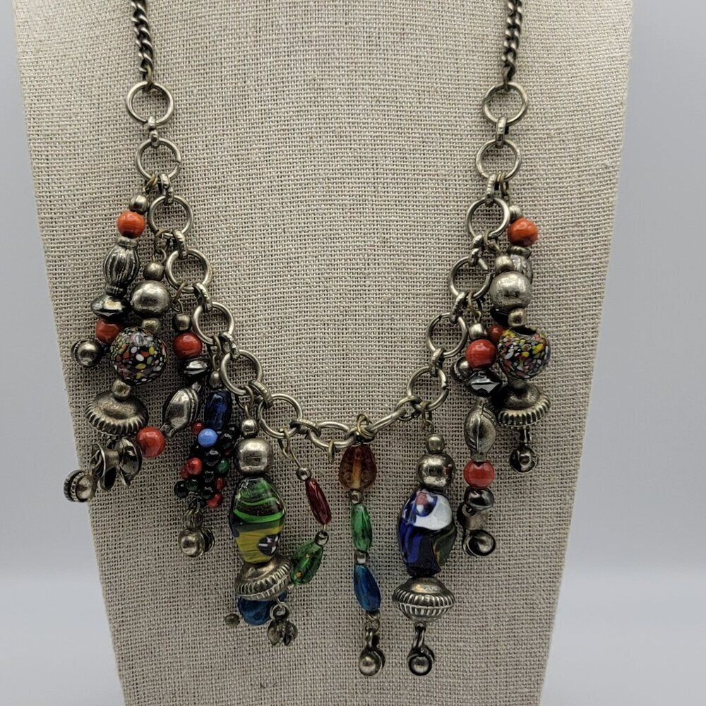 Vtg. Venetian Glass Stone Multi Charm Necklace Mixed Materials Silver-Tone 19 in